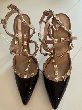 BCBGeneration Black Patent Pointed-Toe Studded Strappy Heels with Taupe Straps